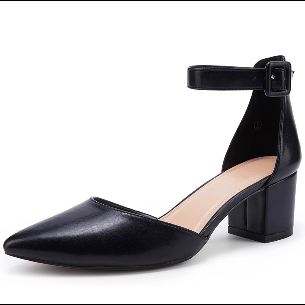 LAICIGO Women’s Pointed Toe Pumps Ankle Strap Buckle Chunky Block Heel Dress